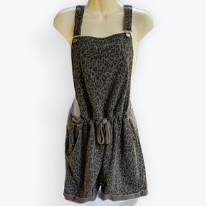 Wallflower Leopard Print Bibbed Overalls Shortalls Drawstring Waist Pockets ~ L